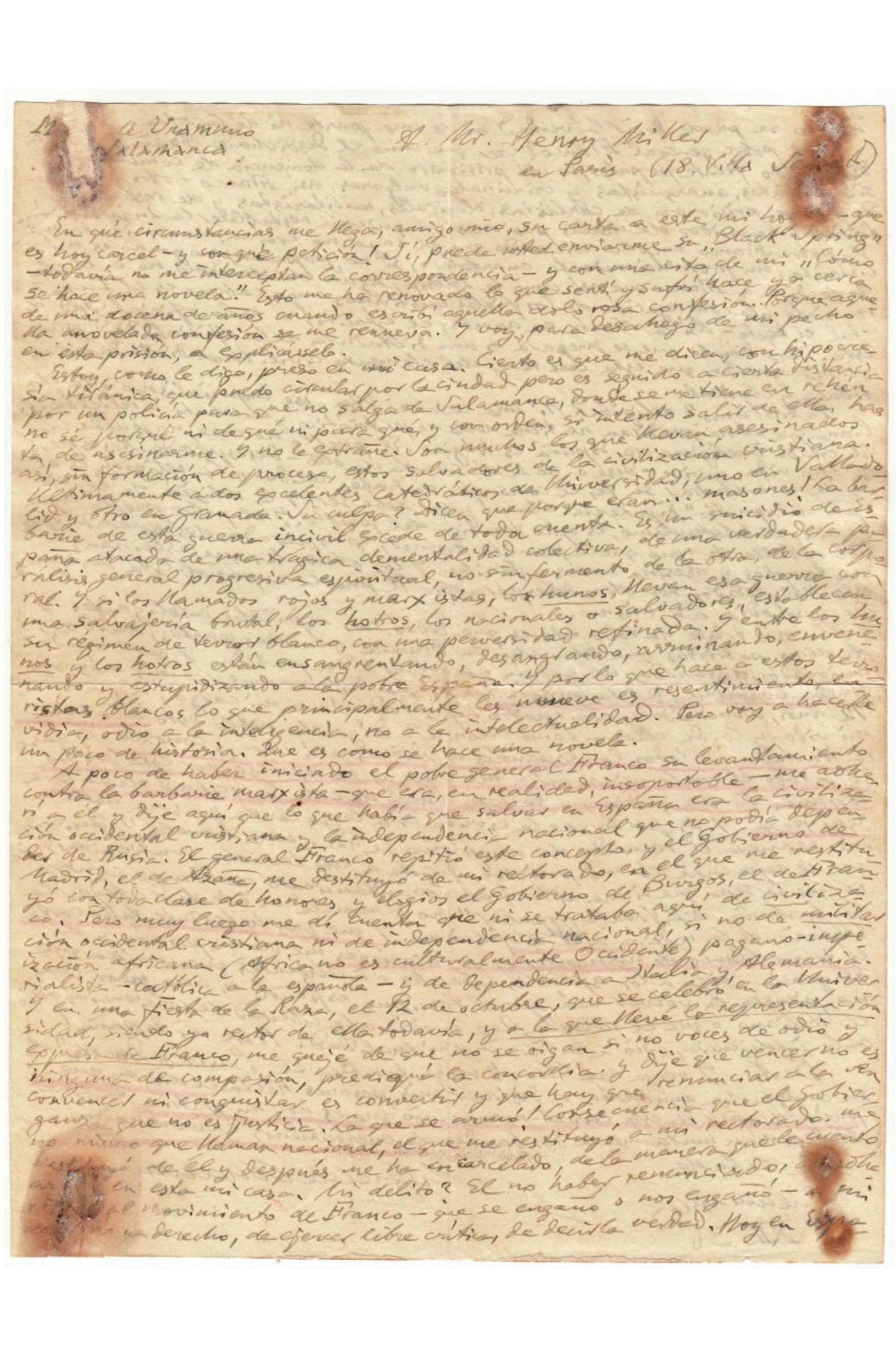 Carta de Unamuno a Miller